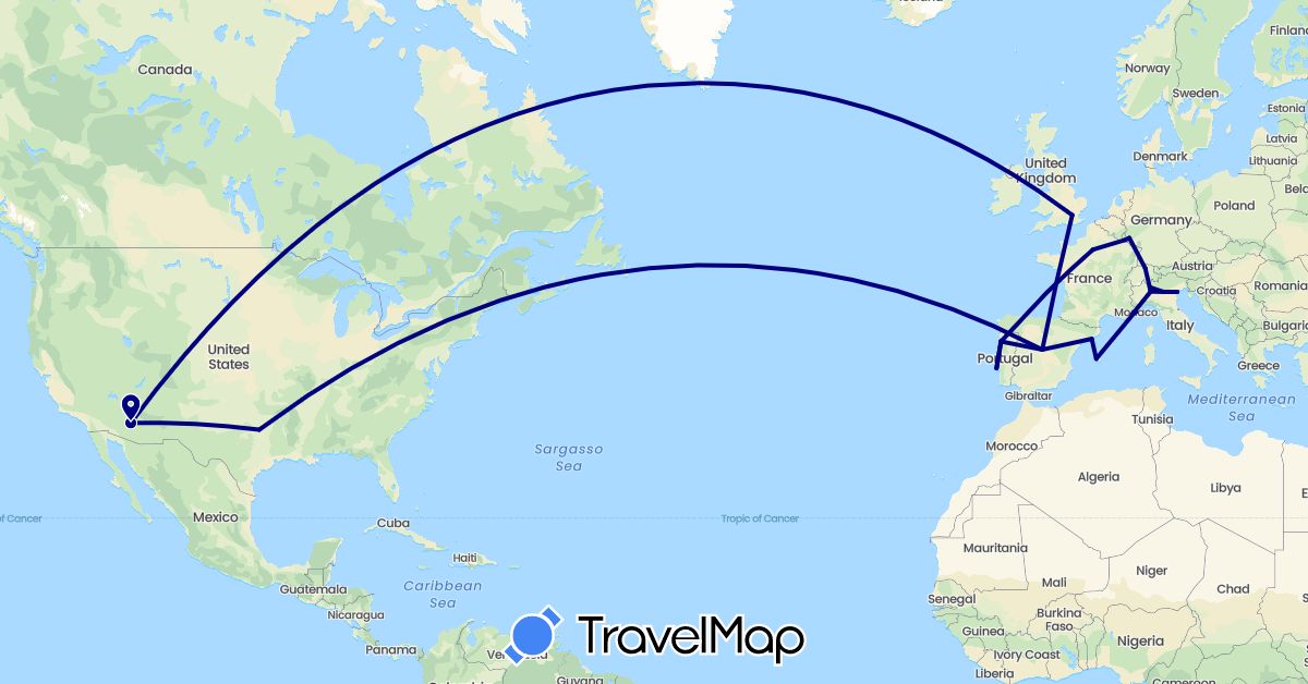 TravelMap itinerary: driving in Switzerland, Germany, Spain, France, United Kingdom, Italy, Luxembourg, Monaco, Portugal, United States (Europe, North America)