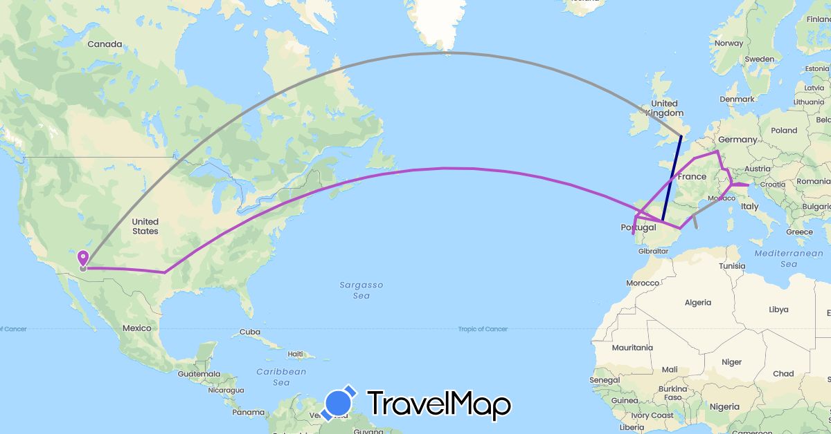 TravelMap itinerary: driving, plane, train in Switzerland, Germany, Spain, France, United Kingdom, Italy, Luxembourg, Monaco, Portugal, United States (Europe, North America)